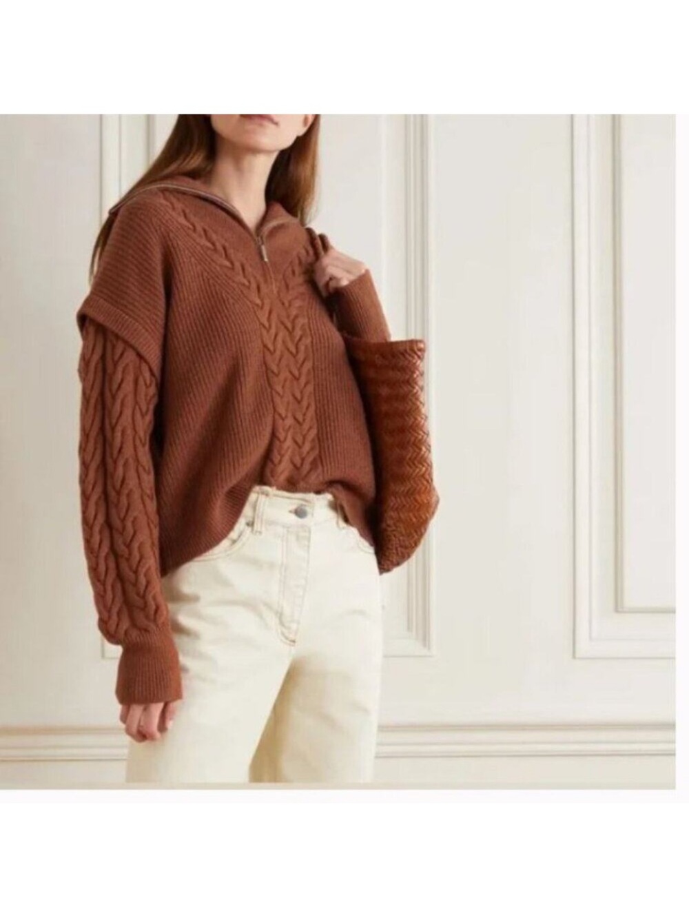 La Ligne Cable-Knit Bastien Zip Hoodie Sweater Pullover Jumper Brown Merino Wool